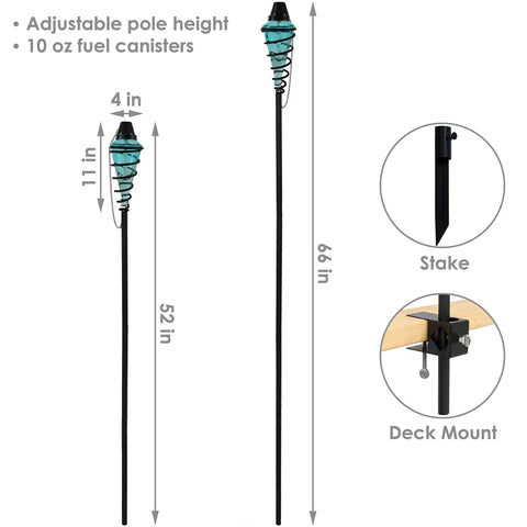 Two Pack Glass Patio Torch Set, Tall Outdoor Torches With Adjustable Height Up To 66 Inches, Blue Glass Vessels With Metal Casings