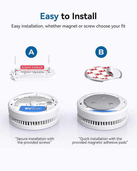 9V Battery Powered Photoelectric Smoke Alarm With Low Battery Alert No Fuss Install UL217 10th Edition Listed GS509A White Smoke Detector For Home Safety And Early Smoldering Fire Detection, screw and magnetic mount