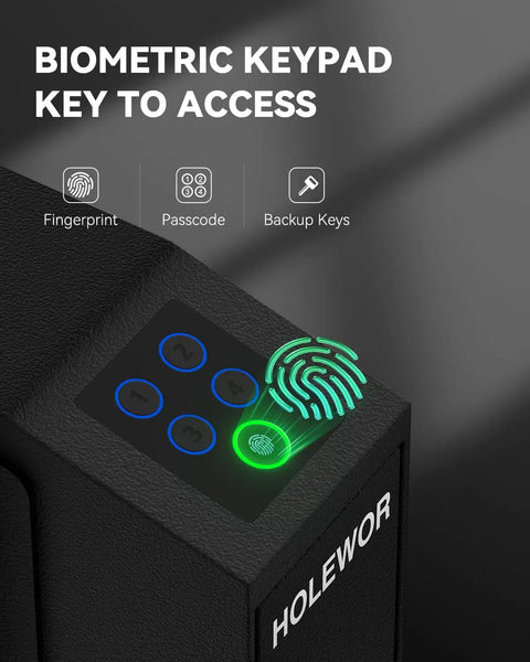 Lightning Fast Biometric Gun Safe For Bedside Handgun Storage Featuring Quick Draw Sliding Door Design And Foolproof Fingerprint Scanner for secure access keypad.