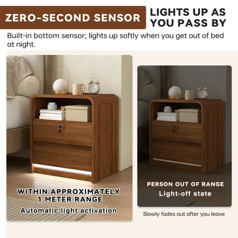 Sleek Nightstand Set Of Two Killer Bedside Table With Built In Charging Station LED Mood Light And Dead Simple Lockable Drawer. Smart light activation.