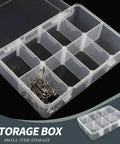 Eight Grid Plastic Storage Box With Detachable Dividers for small parts, clear durable hard case, compact organizer shown open with hooks
