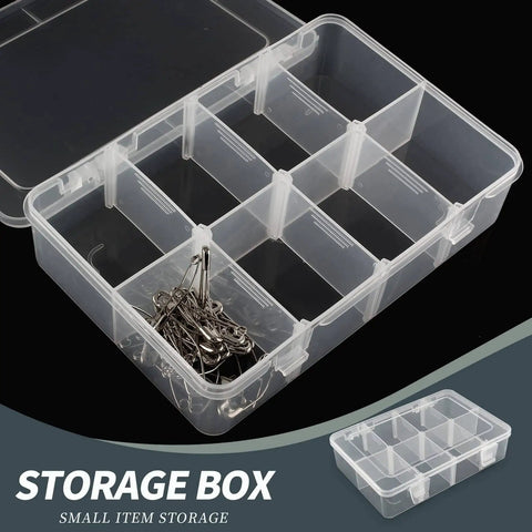 Eight Grid Plastic Storage Box With Detachable Dividers for small parts, clear durable hard case, compact organizer shown open with hooks