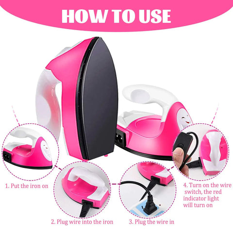 Steps to use ACHENYUANYUAN Mini Heat Press Machine With Charging Base For DIY Crafts, showing plugging in and power options.