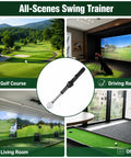 Pop Feedback Retractable Golf Swing Trainer With Click Timing Feedback shown for indoor and outdoor use in various settings.
