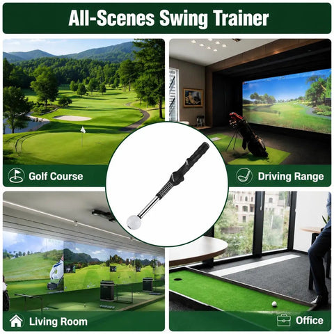 Pop Feedback Retractable Golf Swing Trainer With Click Timing Feedback shown for indoor and outdoor use in various settings.