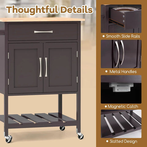 Slick Rolling Kitchen Island Cart With Dope Rubberwood Top And Quick Release Drawer Perfect Go To Coffee Bar Station With Deep Open Shelf And Convenient Towel Rack In Warm Honey Brown
