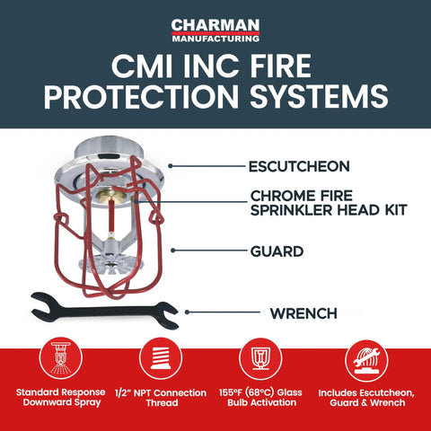 Dope Chrome Fire Sprinkler Head Horizontal Pendant Spray Kit With Wrench Guard And Escutcheon UL Listed with 1/2 Inch NPT.