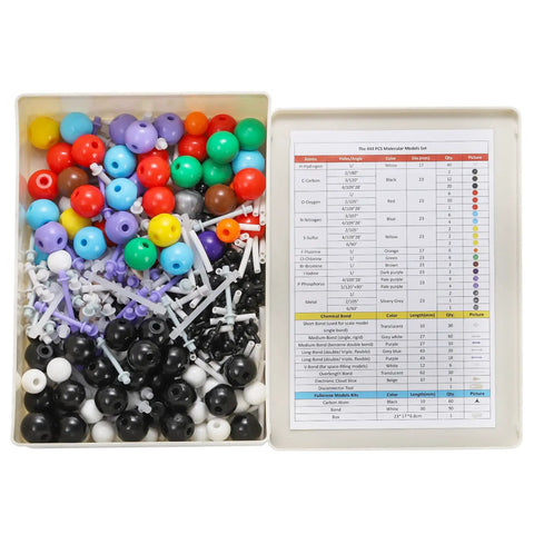 Chemistry Molecular Model Kit With 444 Pieces, including colorful atoms, bonds, and parts for 3D science learning.