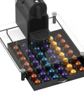 Tempered Glass Coffee Pod Drawer For Original Line Holds 42 Pods with espresso machine on top, clear see through top view.