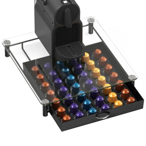 Tempered Glass Coffee Pod Drawer For Original Line Holds 42 Pods with espresso machine on top, clear see through top view.
