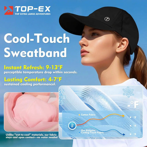 Woman wearing black ponytail baseball cap with cool-touch sweatband features and temperature chart.