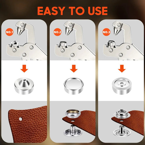 Step-by-step use of the All In One Snap Fastener Kit With Quick Install Tool For DIY Leather Sewing Tarps And Canvas Repairs 300 Boat Cover Snaps And 80 Sets In Four Colors Silver Black Bronze Gold