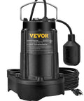 Beefy Half HP Submersible Sewage Pump With 4320 GPH Flow For Indoor And Outdoor Drainage Cast Iron And Stainless Steel Sump 1-1/2 Inch NPT Discharge 10 Foot Cord Vertical Float Switch Black.