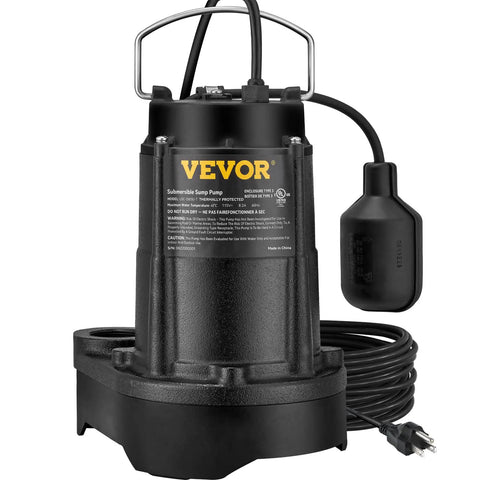 Beefy Half HP Submersible Sewage Pump With 4320 GPH Flow For Indoor And Outdoor Drainage Cast Iron And Stainless Steel Sump 1-1/2 Inch NPT Discharge 10 Foot Cord Vertical Float Switch Black.
