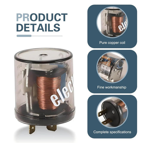 Universal 2 Pin 12Volt Automotive Flasher Relay Featuring Heavy Duty Copper Coils And Bombproof Sealed Housing For Dead Reliable Turn Signal Blinker Swap with visible copper coil.