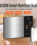 Smart Kitchen Scale With Nutrition Calculator, Digital Food Scale, Large TFT Color Display next to smartphone with app