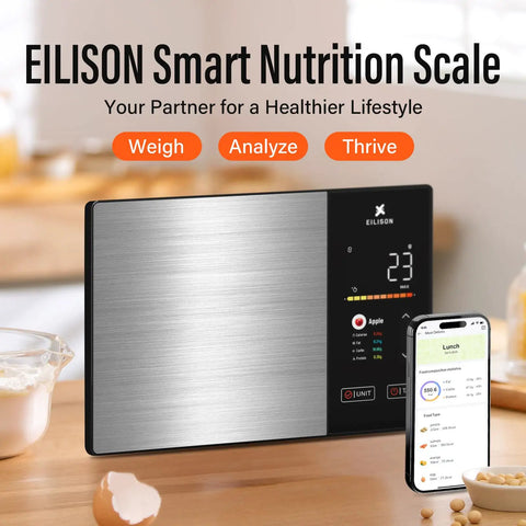 Smart Kitchen Scale With Nutrition Calculator, Digital Food Scale, Large TFT Color Display next to smartphone with app