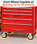 Built Like A Tank Rigid Caster Wheels 8 Pack 1.5 Inch Black Pvc Fixed Base Plates on a red tool chest, showing 30 lbs capacity.