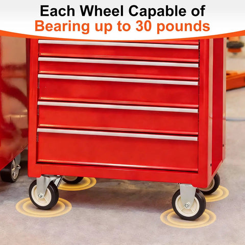 Built Like A Tank Rigid Caster Wheels 8 Pack 1.5 Inch Black Pvc Fixed Base Plates on a red tool chest, showing 30 lbs capacity.