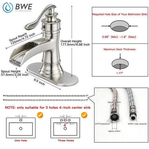 Diagram of Brushed Nickel Bathroom Sink Faucet 1 Hole Single Handle Waterfall Style Brass Construction with dimensions and fittings
