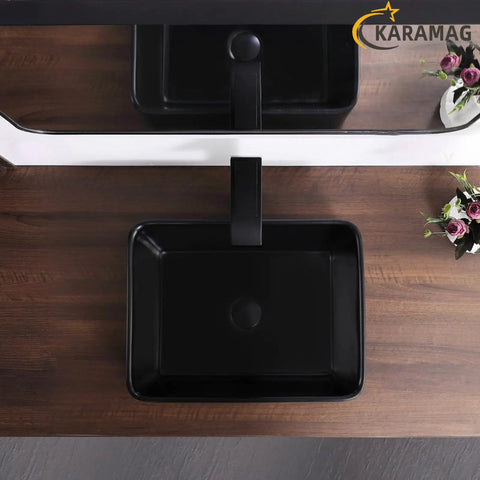 Top view of Matte Black Rectangle Vessel Sink 19 By 15 Inch Above Counter Bathroom Sink Porcelain Ceramic Small Bowl