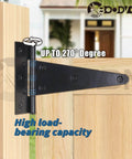10 Inch T Strap Gate Hinges In Black Powder Coated Finish showing 270-degree rotation on wooden gate