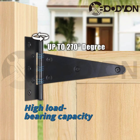 10 Inch T Strap Gate Hinges In Black Powder Coated Finish showing 270-degree rotation on wooden gate
