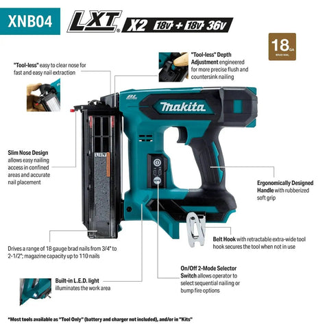 2 Inch 18 Gauge Cordless Brad Nailer Brushless 18V LXT Tool Only Ultra Fast Nailing Drives Sub Flush In Hardwood And Softwood Slim Nose For Tight Corners Long Battery Life And Reliable Construction