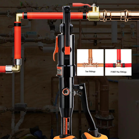 Heavy Duty Hydraulic Copper Press Tool With 360 Degree Rotating Head For Tight Spaces Includes Dies For Copper Pipe Fittings Half Inch Three Quarter Inch And One Inch And Pex Rings From Eighth Inch To One Inch HT1950E on copper pipe