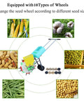 Garden Seeder Spreader, Manual Seeder With 10 Seed Plates, Hand Push Roller Seeder and Fertilizer Applicator, seed examples around seeder.