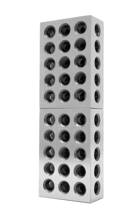 WEN 10423 steel-hardened precision 123 blocks, two-pack; two stacked 3x2x1 in metal blocks with round holes.