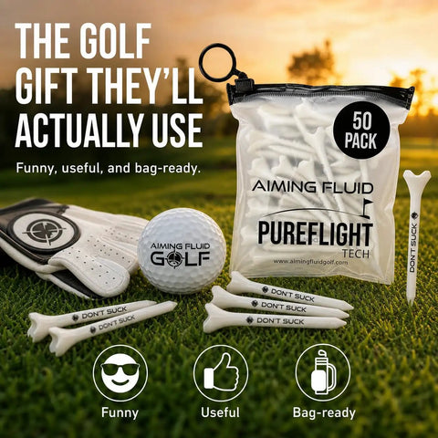 Dont Suck Golf Tees Pack Of 50 With Durable Four Prong Design And PureFlight Tech displayed with glove and ball on grass