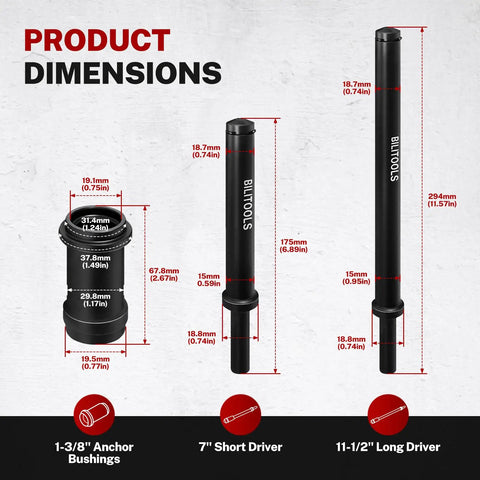 Dimensions guide of Air Powered Truck Anchor Pin Bushing Driver Kit For 1-3/8 Inch Anchor Pin Bushings Removal And Installation