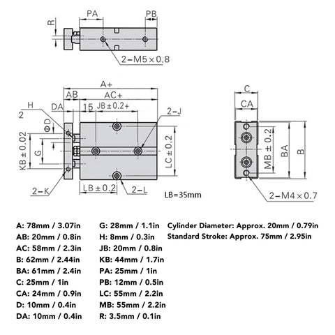 Technical drawing of Double Rod Pneumatic Air Cylinder 20mm Bore 75mm Stroke with dimensions and specifications.