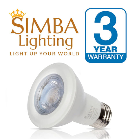 Ultra Bright 6W LED PAR20 Spotlight Bulb 38 Degree Dimmable 4 Pack 120V E26 Base 480 Lumens 3000K Soft White displayed with warranty and brand logo.