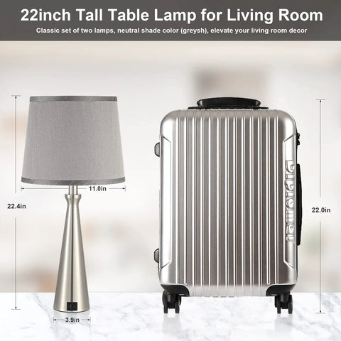 Set of 2 Dimmable Touch Nightstand Lamps With USB C And USB A Charging Ports, gray lampshade, nickel stand, 22.4 in tall