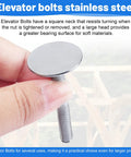 Elevator bolt, zinc-plated, 1/4-20 x 2, flat head, close-up view held between fingers