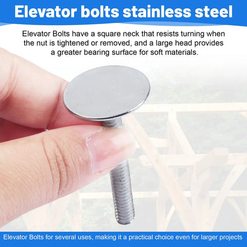 Elevator bolt, zinc-plated, 1/4-20 x 2, flat head, close-up view held between fingers