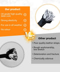 Infographic comparing heavy duty bungee cords with high quality latex core and no odor to low quality leather straps.