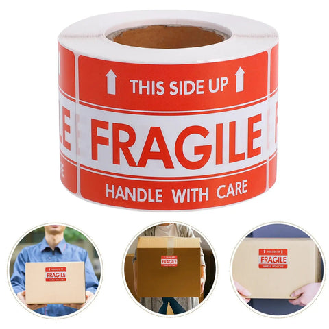 Fragile Red Shipping Labels With High Visibility And Strong Adhesive, Paper Warning Stickers On Rolls For Small Business Packaging