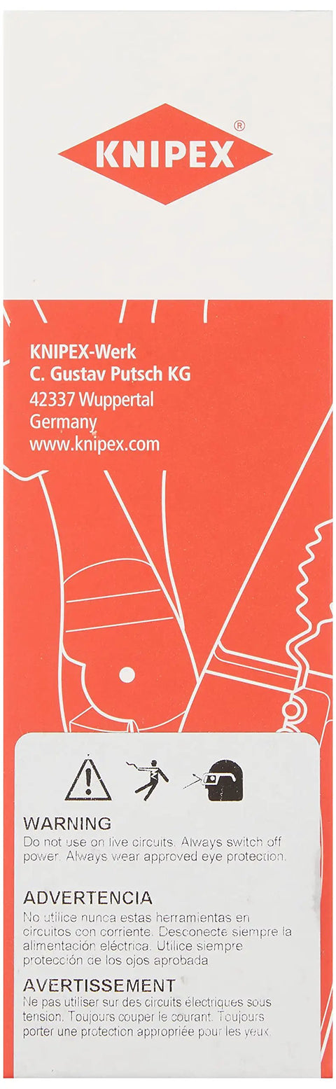 Packaging for Knipex featuring red and white design with warning labels.