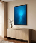 Black Framed Abstract Blue Ocean Rowing Boat Poster Canvas Print Art Modern Minimalist Aesthetic Wall Decor in living room