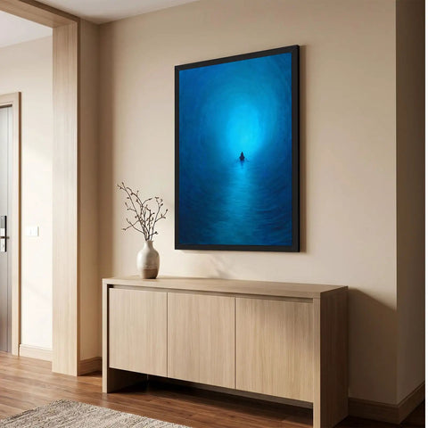 Black Framed Abstract Blue Ocean Rowing Boat Poster Canvas Print Art Modern Minimalist Aesthetic Wall Decor in living room
