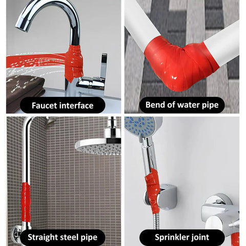 Heavy Duty Waterproof Seal Tape 5 Pack For Outdoor Use Leak Stop Pipe Repair Duct Tape For PVC PPR Metal Rugged Plastic Ceramics Glass And Other Materials Weatherproof Sealant Tape sealing various water pipes in a bathroom.