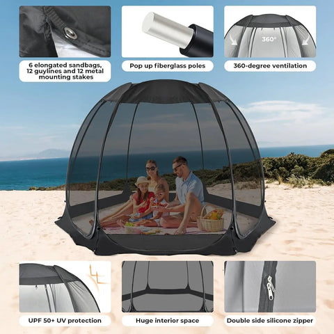 Effortless Pop Up House Tent With Outdoor Screen Room No Fuss Quick Setup UV Resistant Canopy Tent on beach with family inside