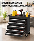 Heavy Duty Steel Rolling Tool Chest With Smooth Glide Wheels And Lockable Five Drawer Mobile Cart Delivers Hella Durable Storage For Garage Or Automotive Tasks In Classic Black Finish, organized tools view.