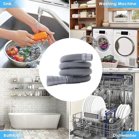 16.4 Ft Universal Washing Machine Drain Hose Extension Kit displayed with sink, washing machine, bathtub, and dishwasher setups.