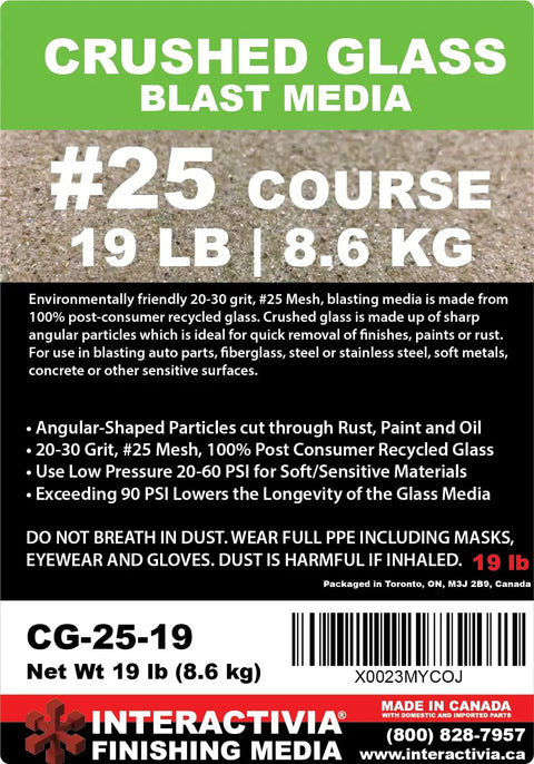 20-30 Grit Crushed Glass Abrasive For Sand Blasting And Cabinet Use, Mesh 25, 940 To 559 Microns, 19 Lb (8.6 Kg) label