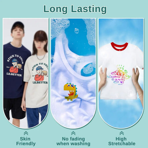 Transfer Film Roll For DTF Heat Transfers 13x328ft Double Sided Glossy Clear PET Pretreat Paper With Cold And Hot Peel features on T-shirts showing skin-friendly and stretchable qualities.