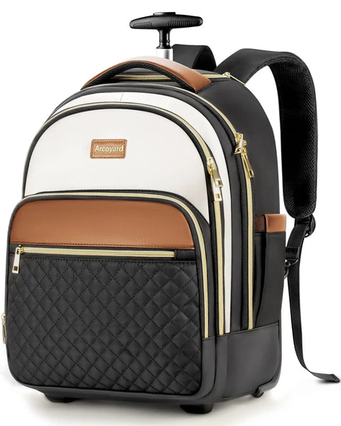 Women Lightweight Rolling Backpack With Wheels For Travel And Work Water Resistant Underseat Carry On Luggage Rolling Laptop Bag Built For Everyday Travel And Boss Level Convenience Beige Brown with front quilted pocket